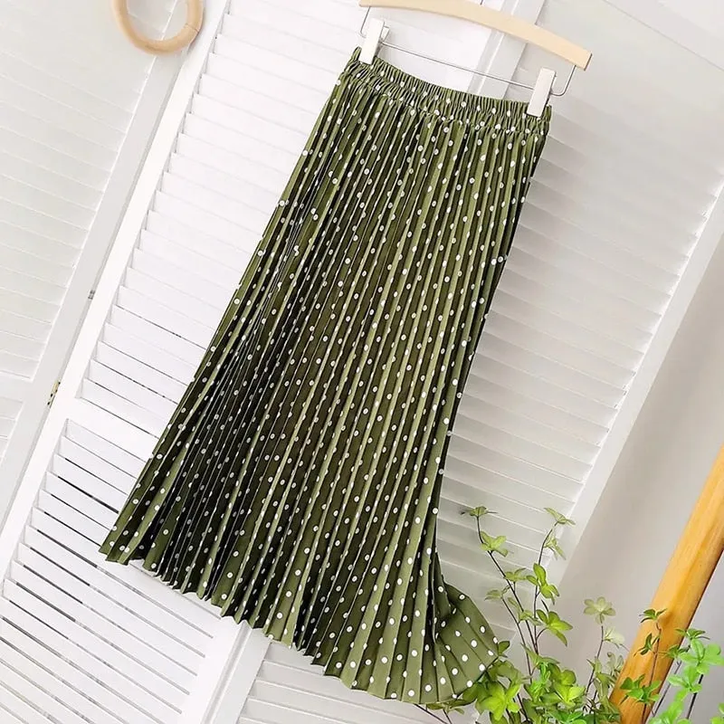 Pleated  Dot Long Skirts for Women Spring Summer Midi Skirt