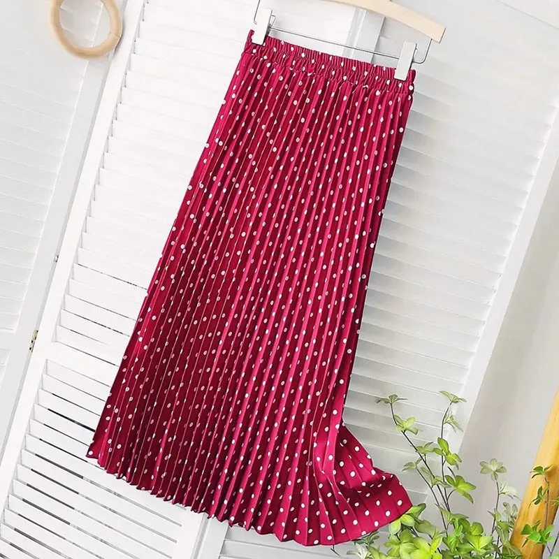Pleated  Dot Long Skirts for Women Spring Summer Midi Skirt