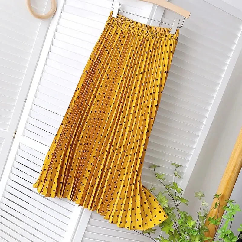 Pleated  Dot Long Skirts for Women Spring Summer Midi Skirt