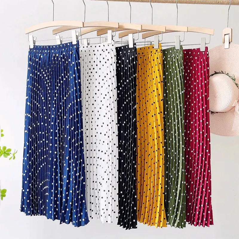 Pleated  Dot Long Skirts for Women Spring Summer Midi Skirt