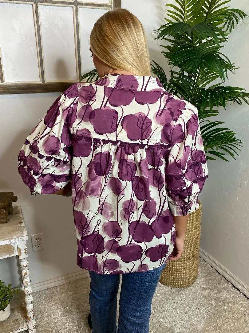 Plum Floral V-Neck Blouse