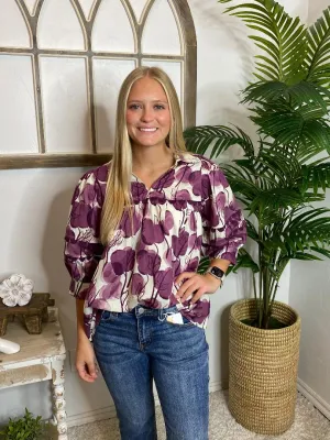 Plum Floral V-Neck Blouse