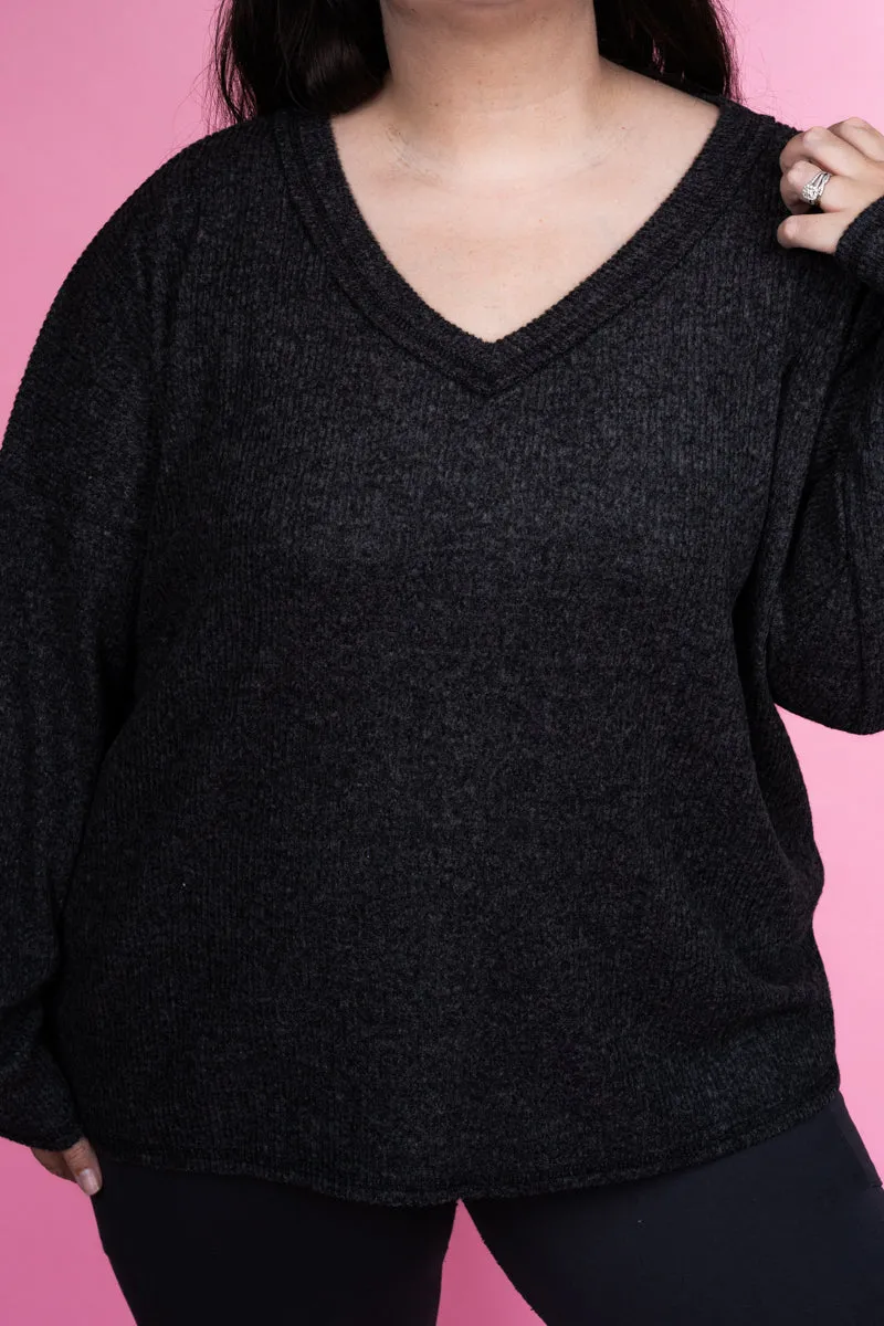 Plus Size Charmed Life Black Ribbed V-Neck Sweater