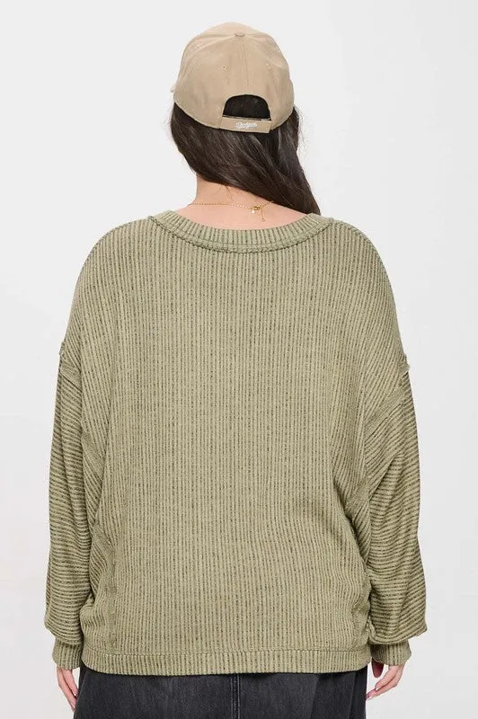 PLUS STRIPED DROP SHOULDER V NECK KNIT T