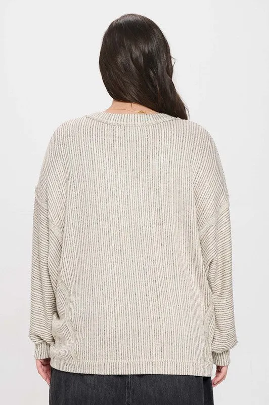 PLUS STRIPED DROP SHOULDER V NECK KNIT T