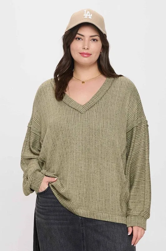 PLUS STRIPED DROP SHOULDER V NECK KNIT T