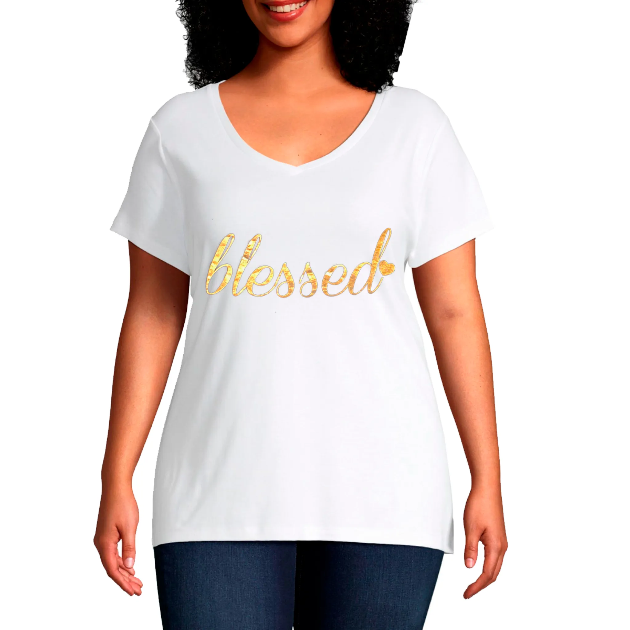 Plus V neck Short Sleeves foil Graphic T-Shirt-Blessed Heart
