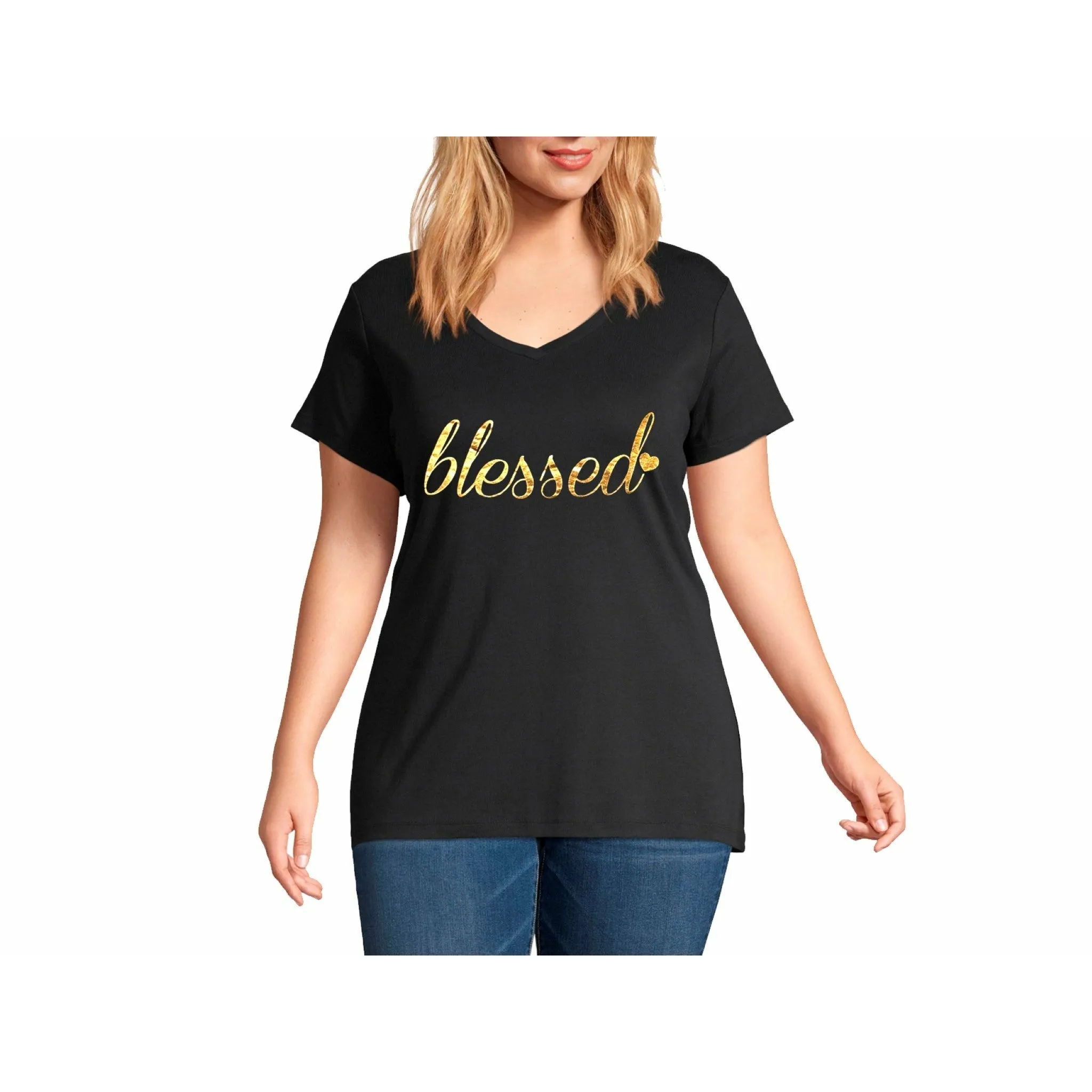 Plus V neck Short Sleeves foil Graphic T-Shirt-Blessed Heart
