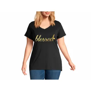 Plus V neck Short Sleeves foil Graphic T-Shirt-Blessed Heart