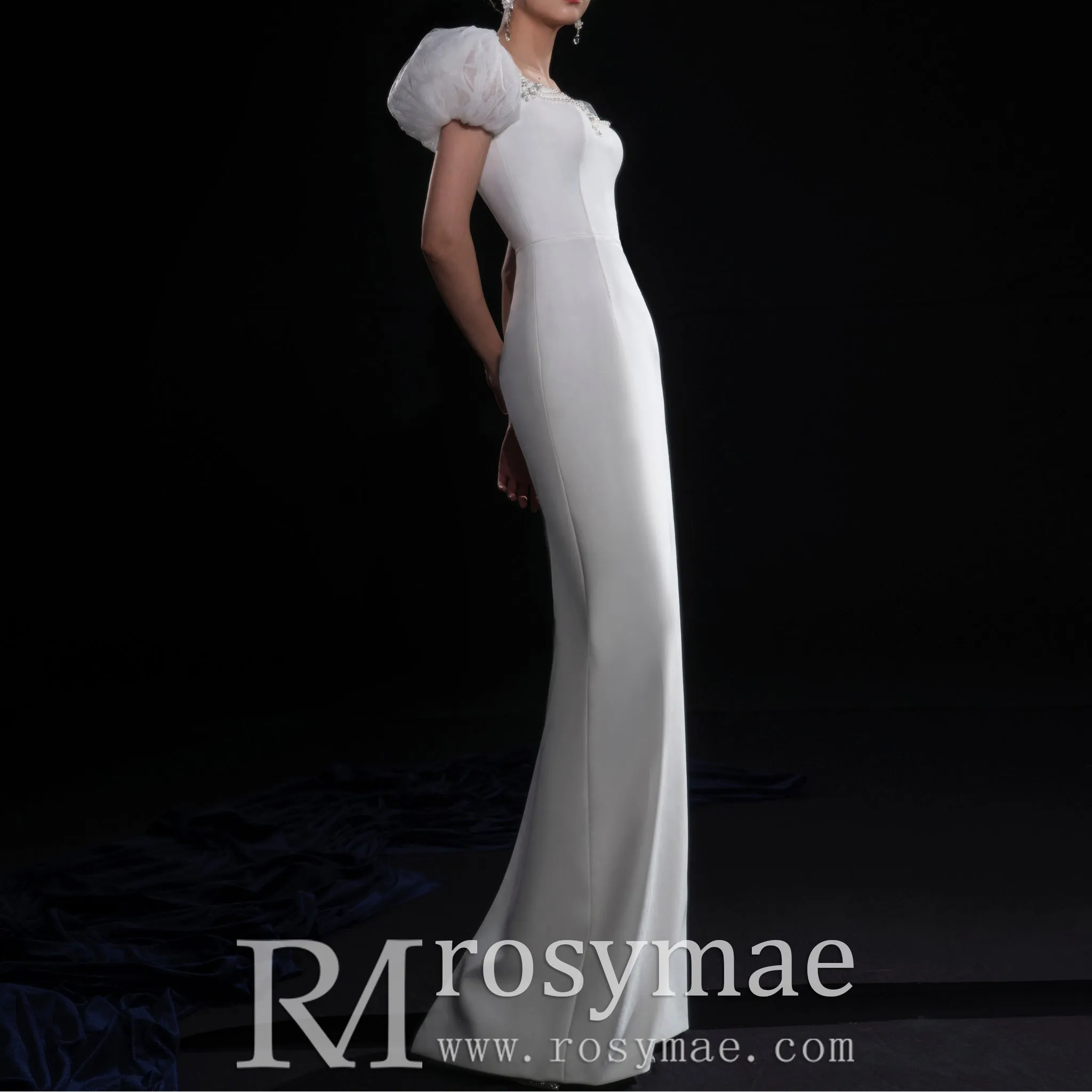 Puffy Short Sleeve Mermaid Slim Wedding Dress with Back Slit