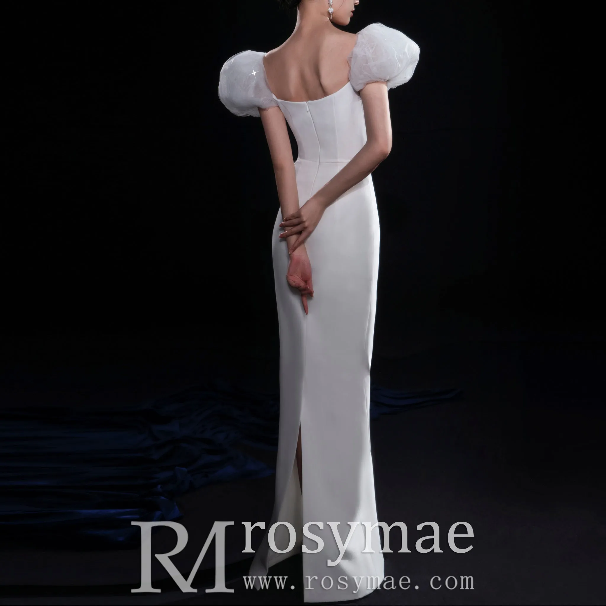Puffy Short Sleeve Mermaid Slim Wedding Dress with Back Slit