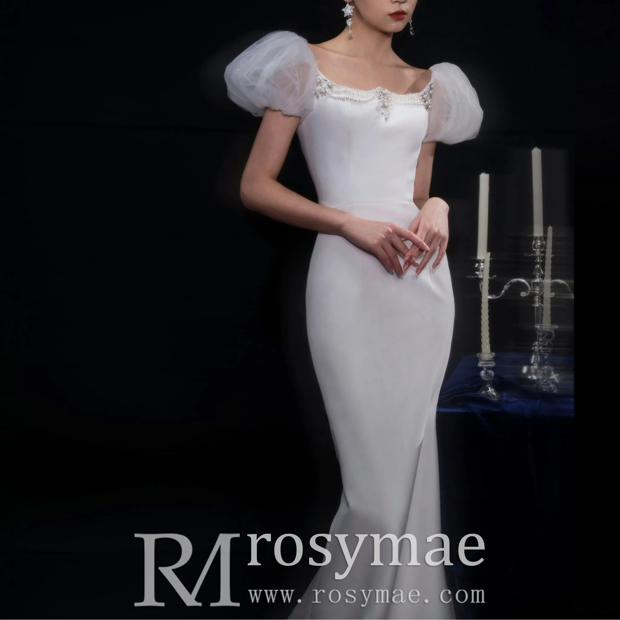 Puffy Short Sleeve Mermaid Slim Wedding Dress with Back Slit