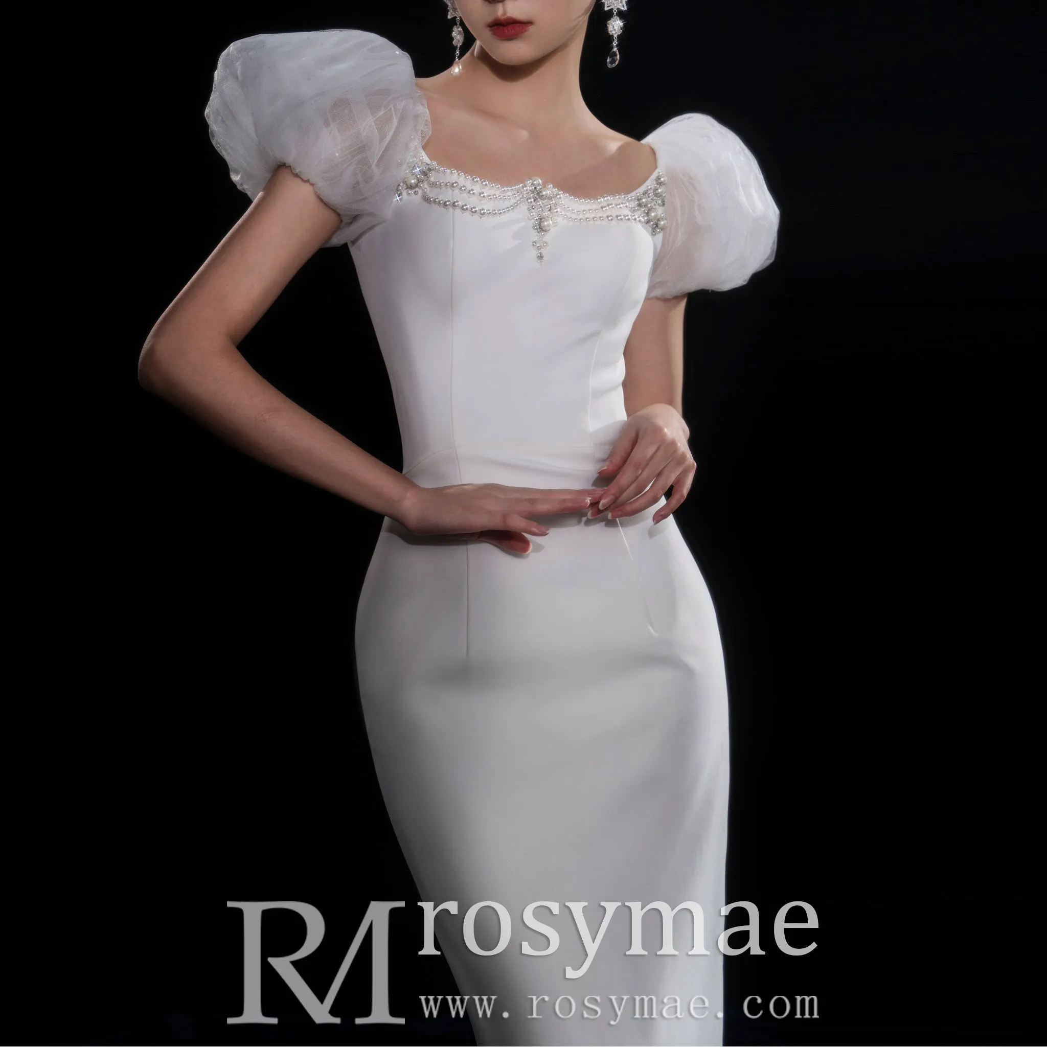 Puffy Short Sleeve Mermaid Slim Wedding Dress with Back Slit