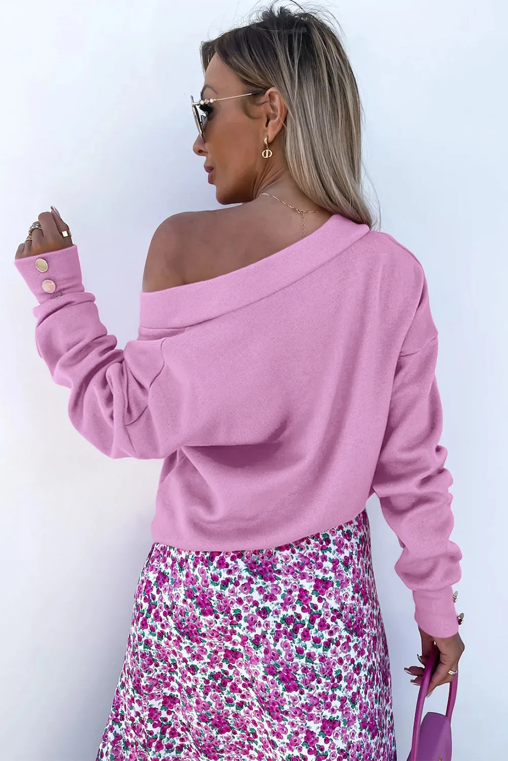 Purple Solid V Neck Buttoned Long Sleeve Top