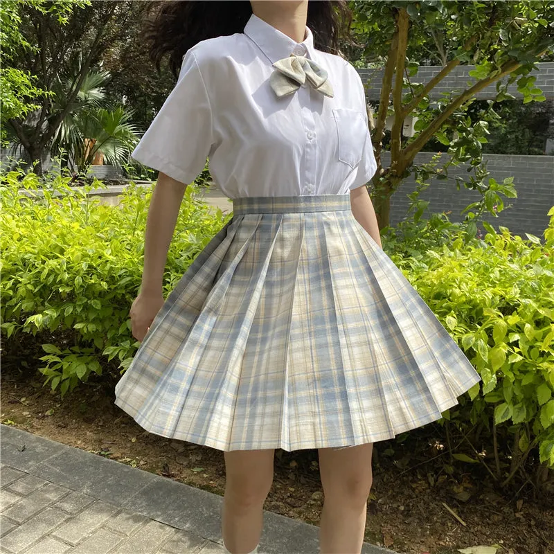 "JK LIGHT YELLOW BLUE PLAID PLEATED" SKIRT / TIE N073011