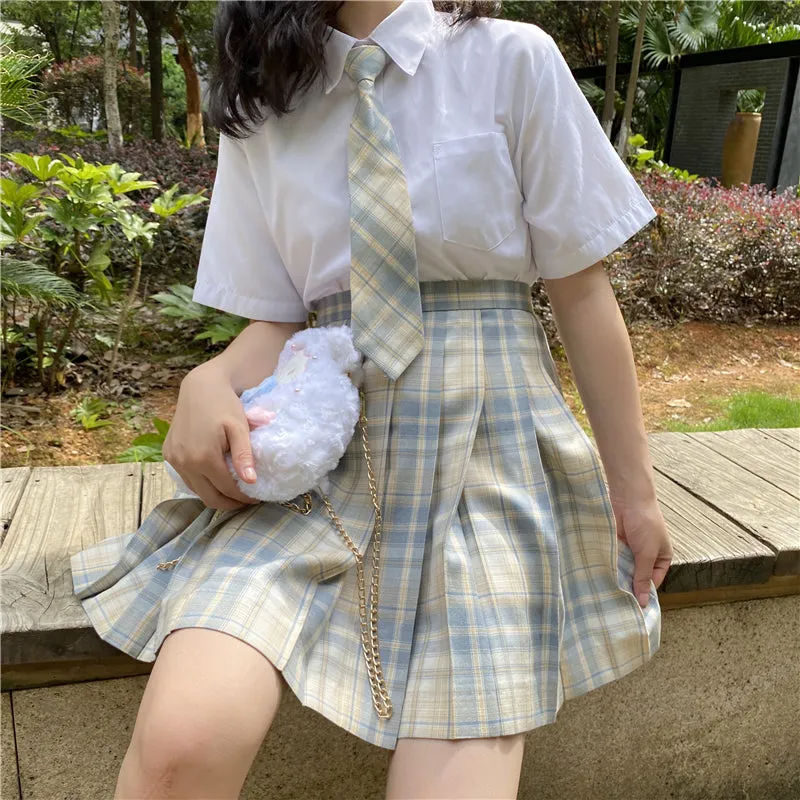 "JK LIGHT YELLOW BLUE PLAID PLEATED" SKIRT / TIE N073011