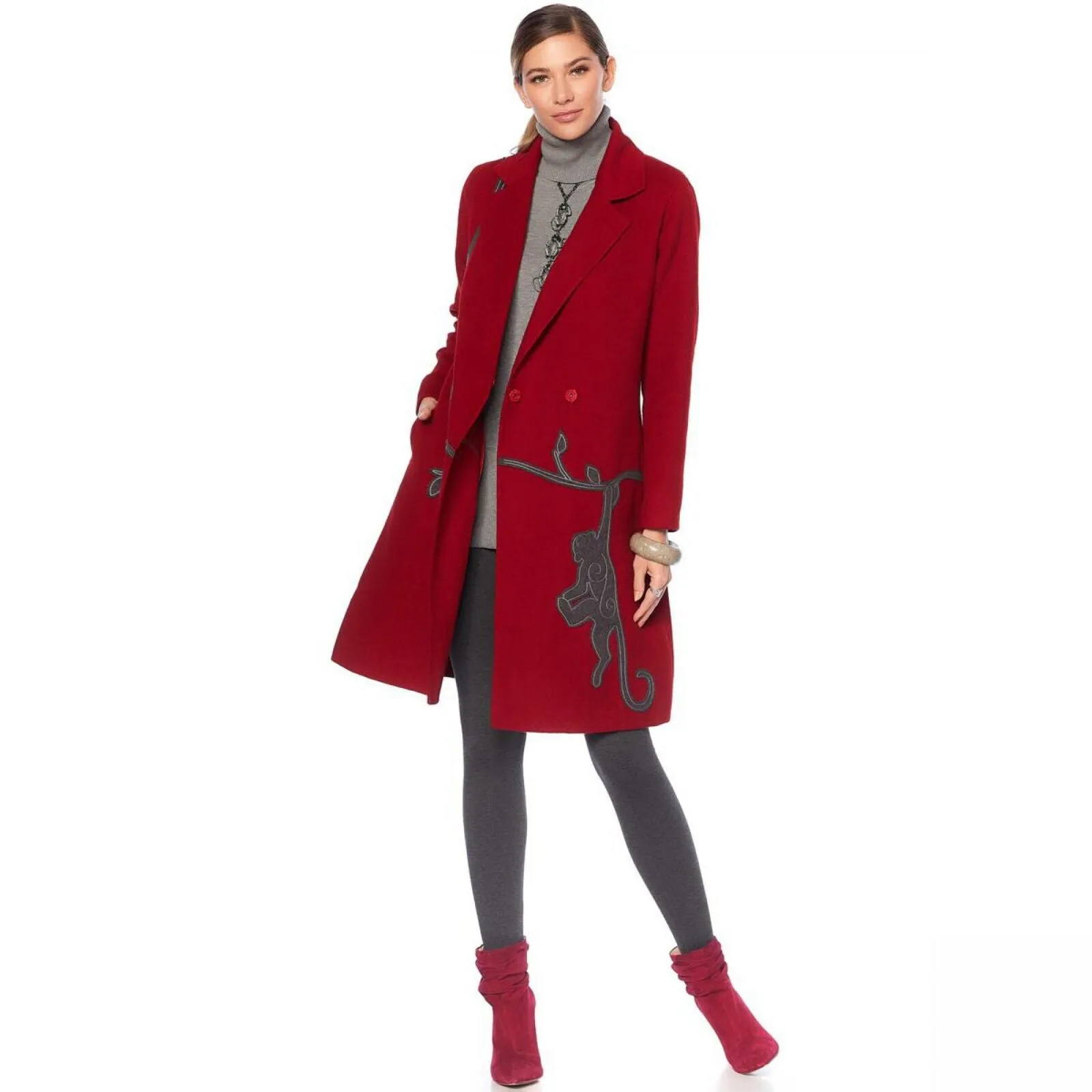 Rara Avis By Iris Apfel Women's Wool Blend Animal Embroidered Coat