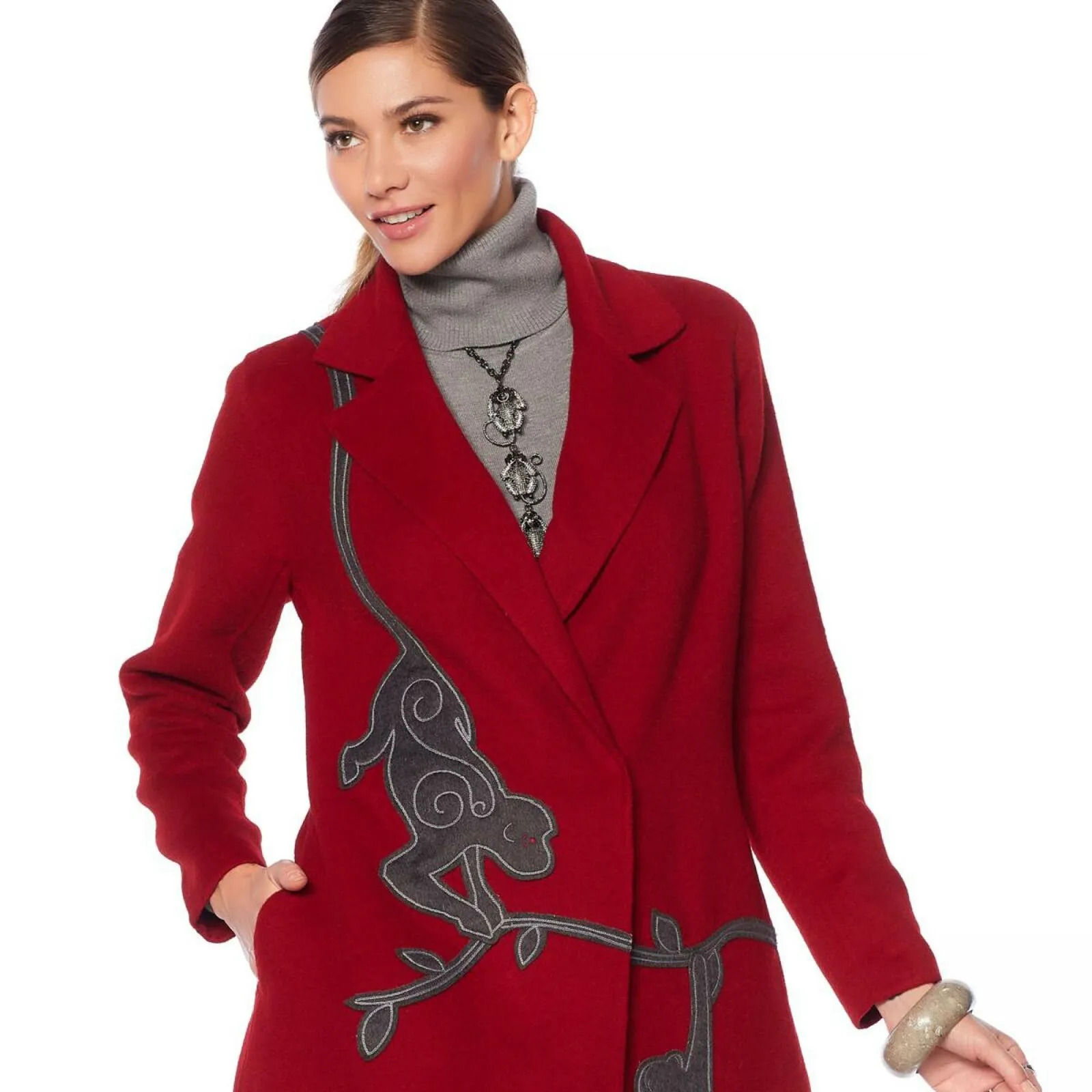 Rara Avis By Iris Apfel Women's Wool Blend Animal Embroidered Coat