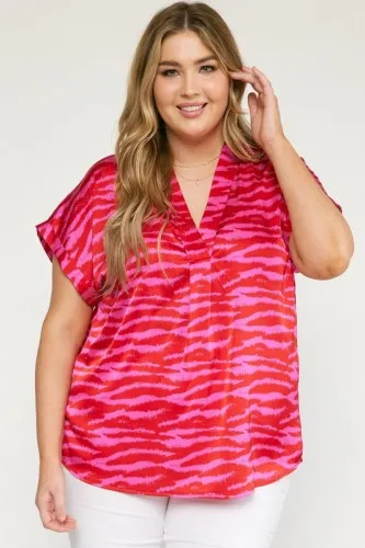 Red Satin Zebra Print V Neck Dolman