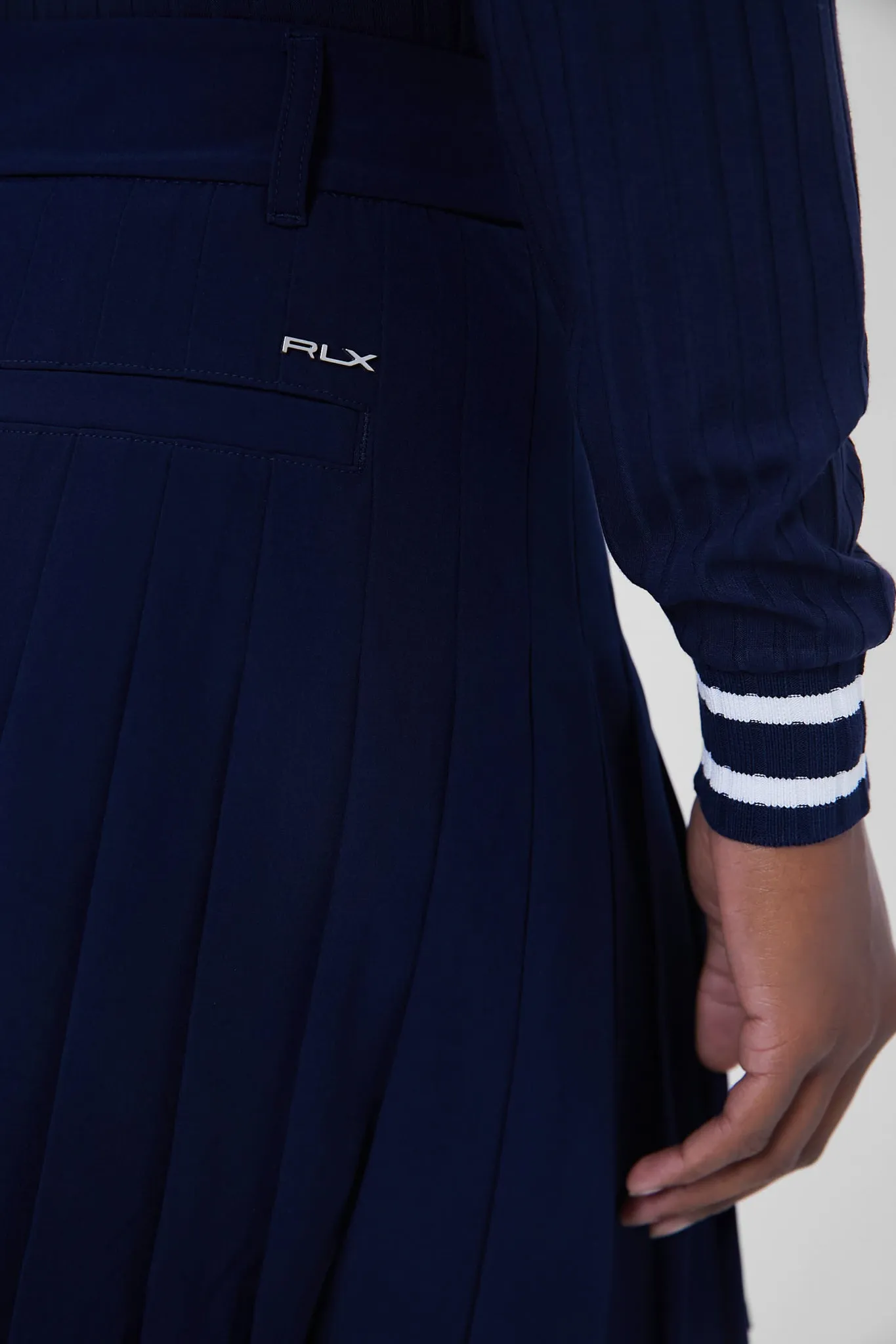 Refined Navy 4 Way Stretch 15 Inch High Waisted Pleated Skort