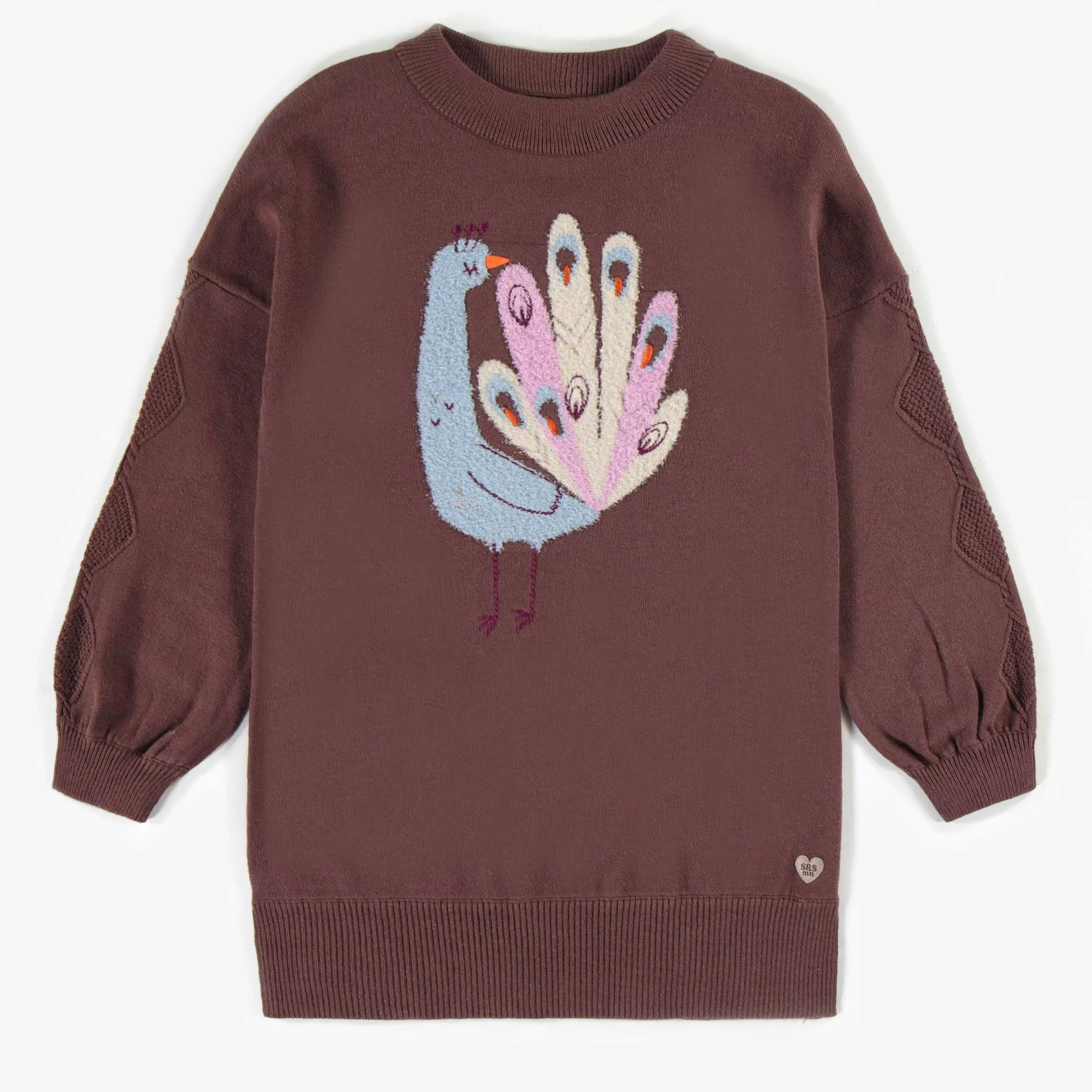 Robe de maille brune joli paon, enfant  || Brown knitted dress pretty peacock, child