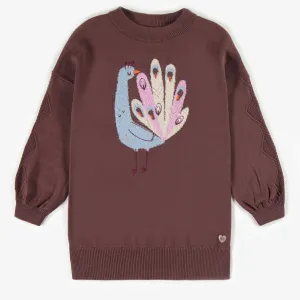 Robe de maille brune joli paon, enfant  || Brown knitted dress pretty peacock, child