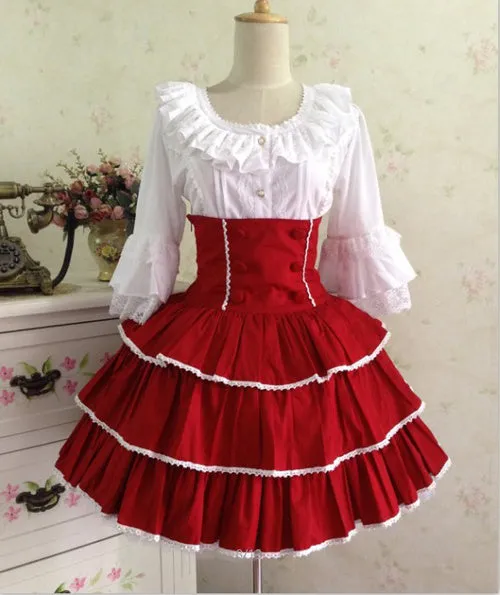 Rococo Lolita SK Skirt Two Tone Ruffles Layered Ribbons Pleated Red Lolita Dresses