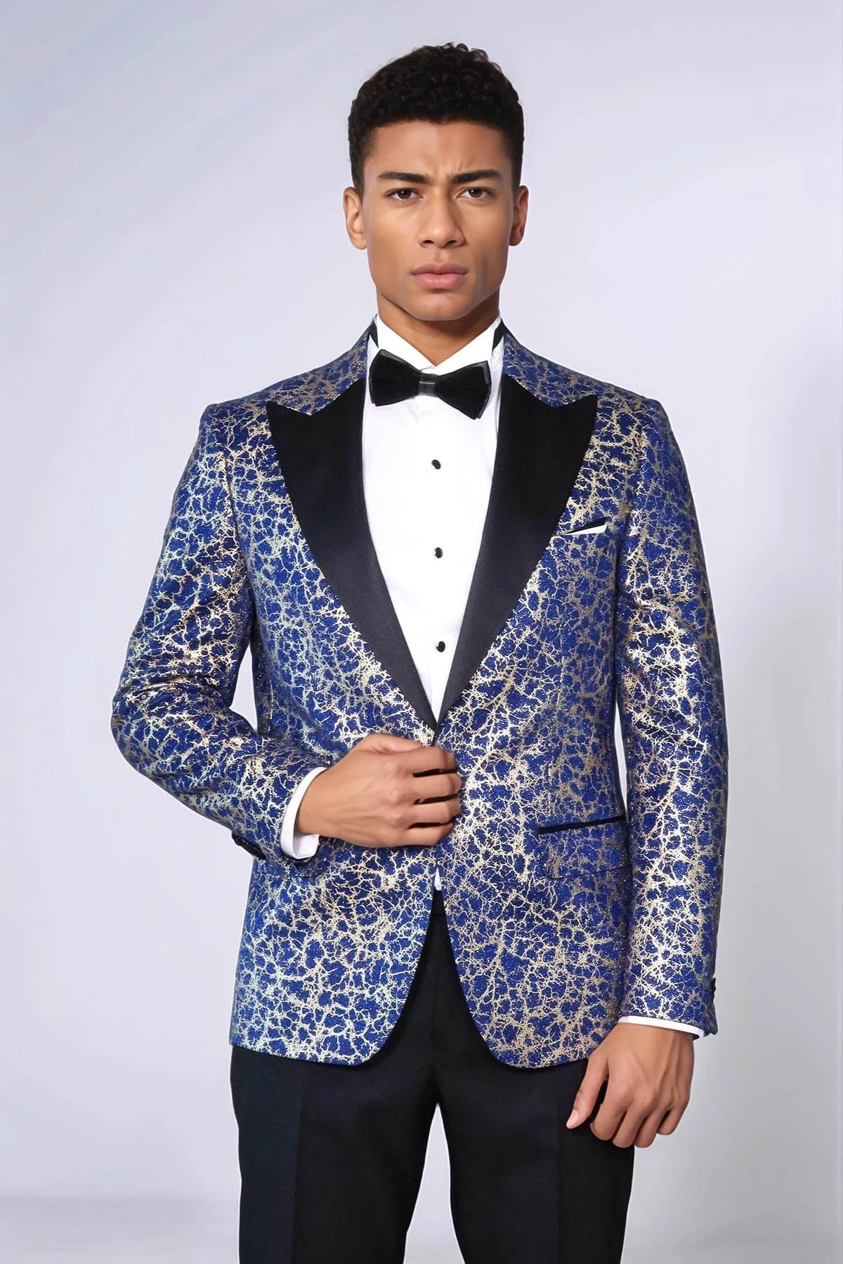 Root Pattern Peak Lapel Dark Blue Men Prom Blazer - Wessi