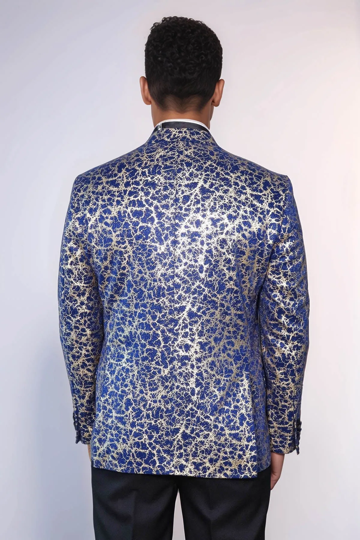 Root Pattern Peak Lapel Dark Blue Men Prom Blazer - Wessi