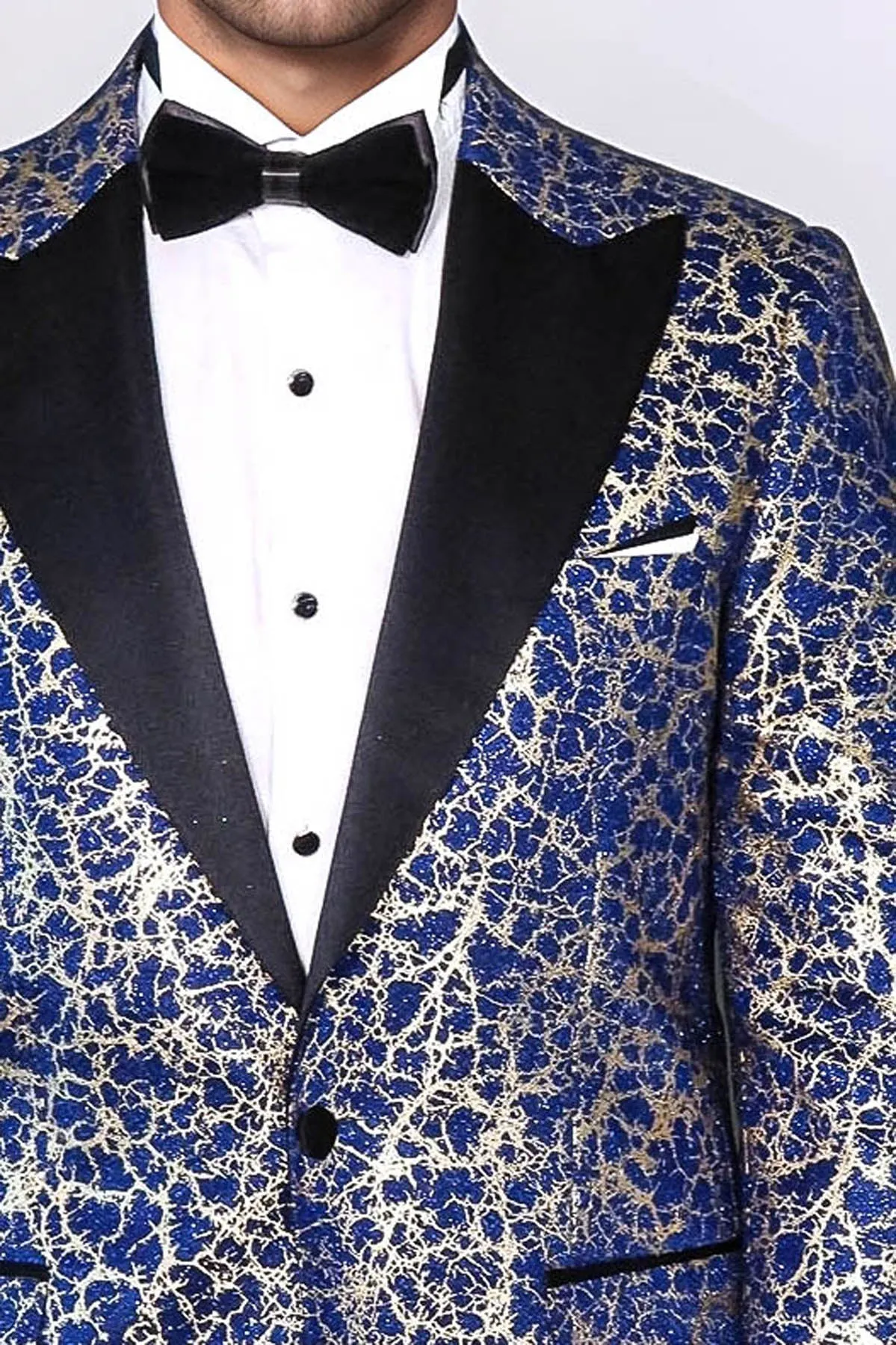 Root Pattern Peak Lapel Dark Blue Men Prom Blazer - Wessi
