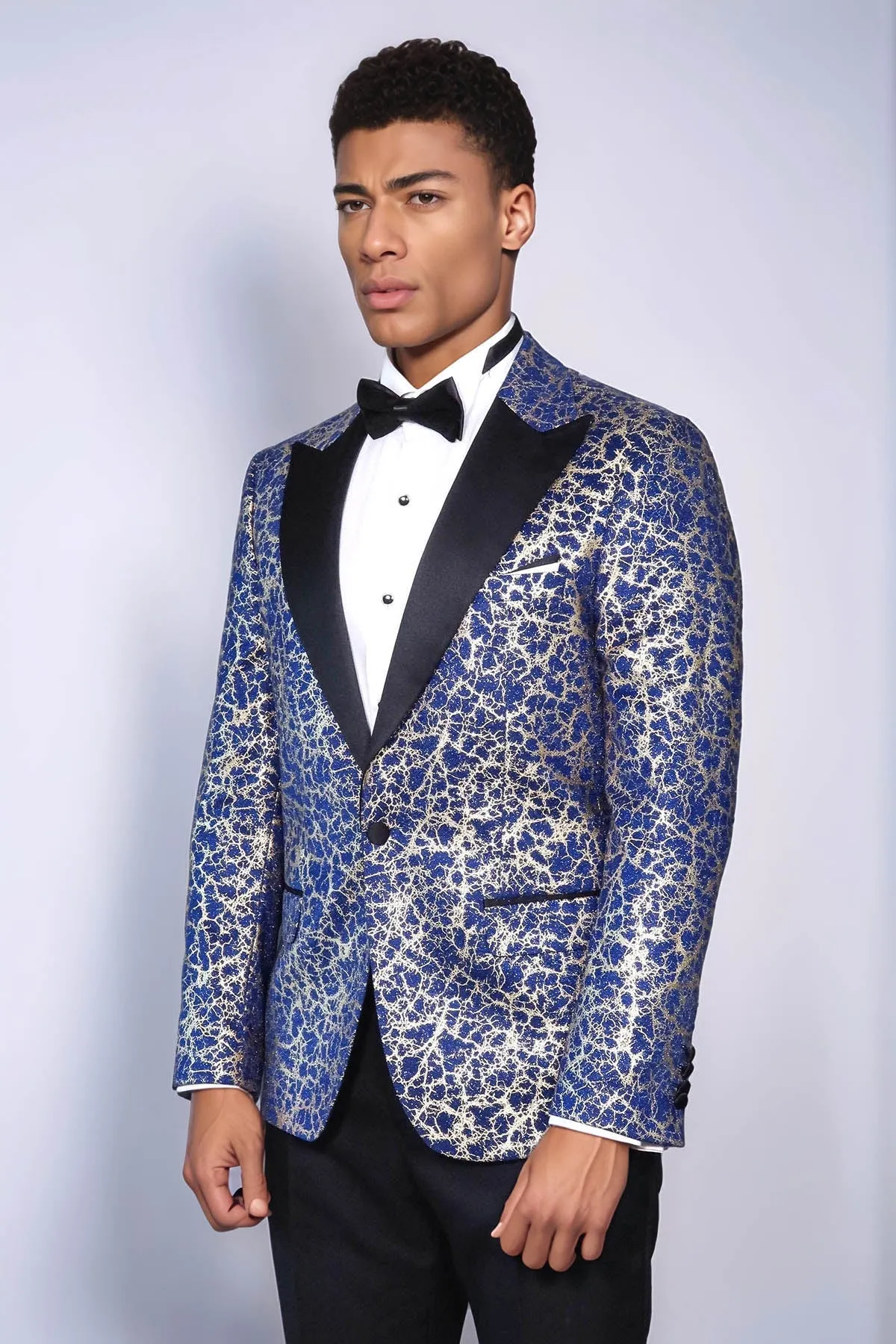 Root Pattern Peak Lapel Dark Blue Men Prom Blazer - Wessi