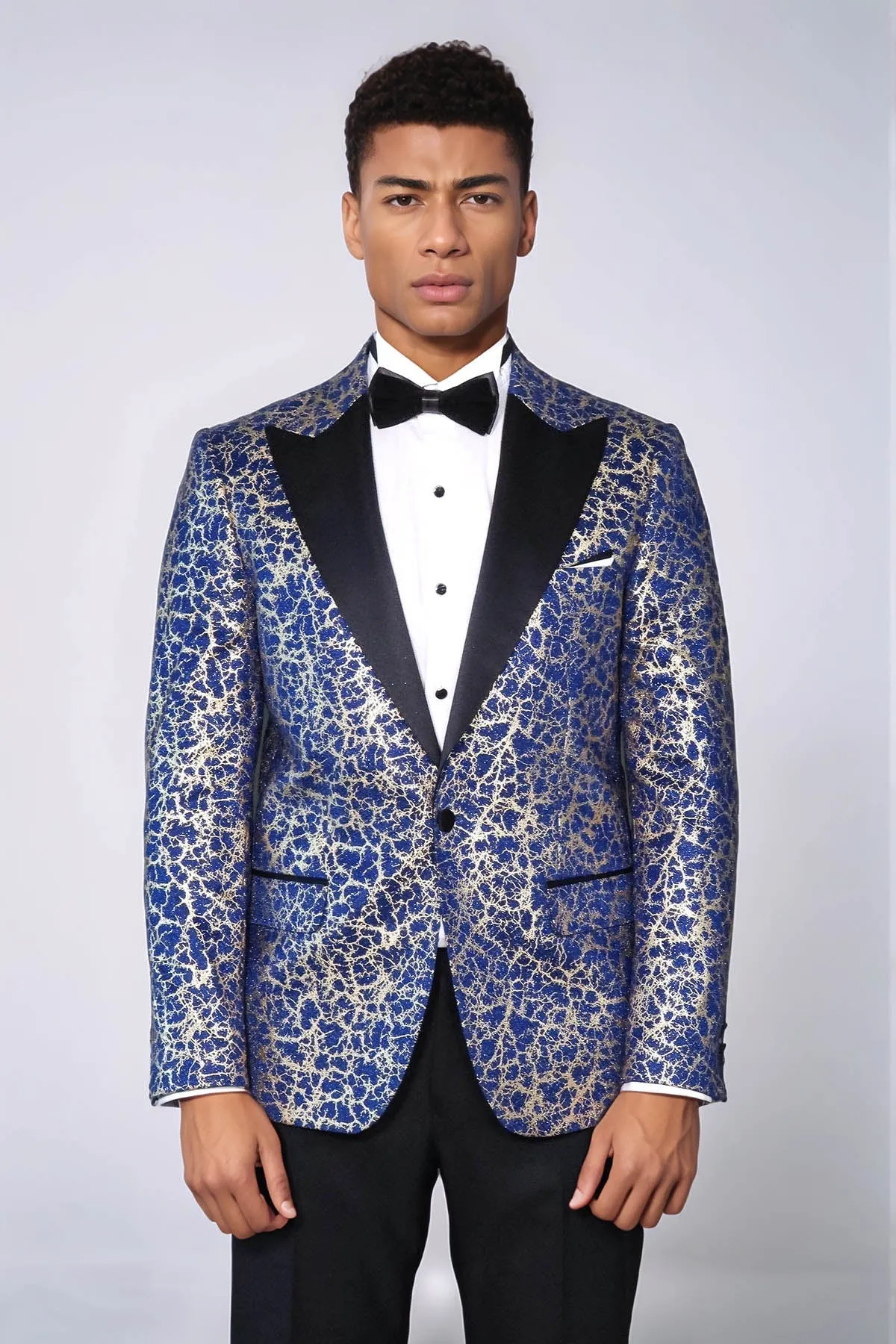 Root Pattern Peak Lapel Dark Blue Men Prom Blazer - Wessi