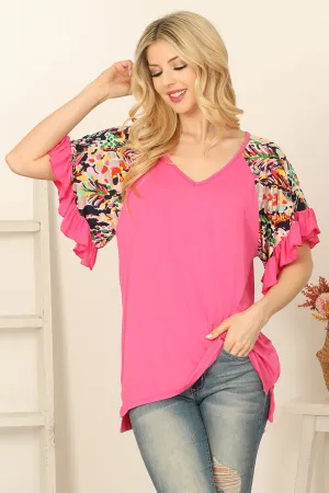 Ruffle Cuff Floral Sleeve V-Neck Solid Top