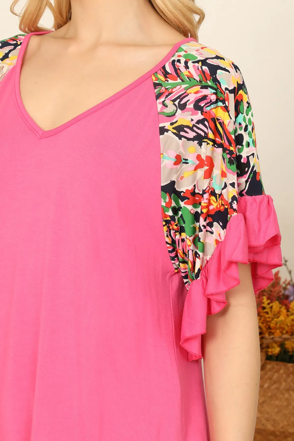 Ruffle Cuff Floral Sleeve V-Neck Solid Top