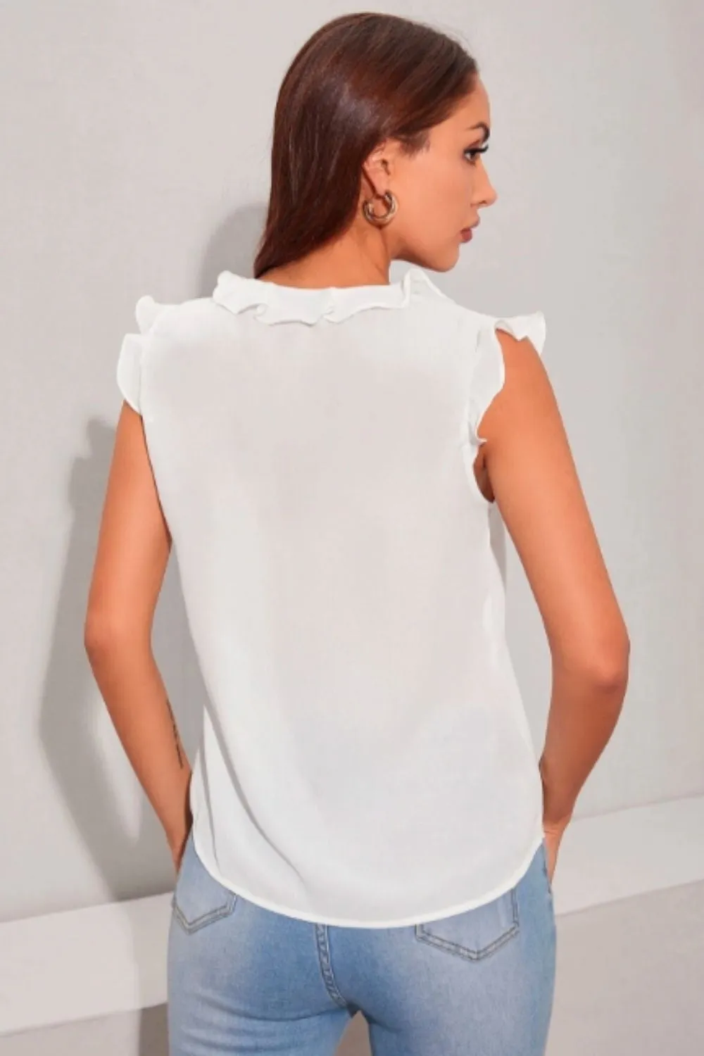 Ruffle Trim Button Down Solid Blouse