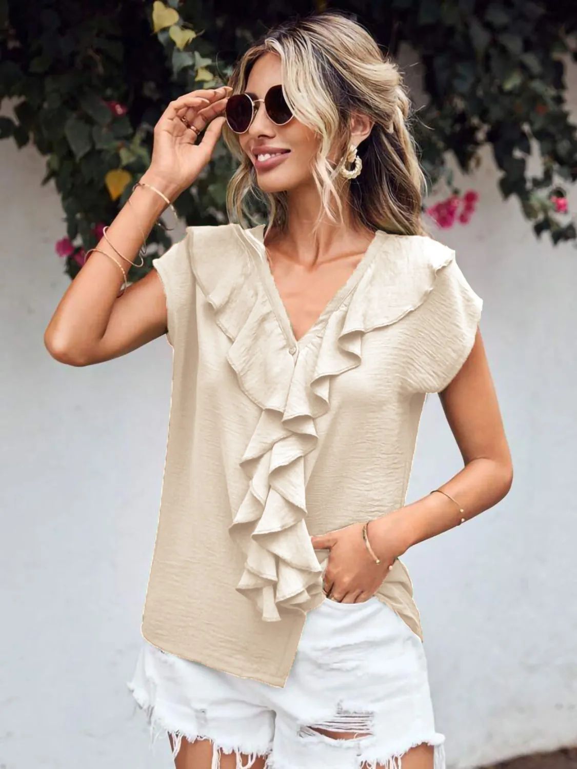 Ruffled V-Neck Short Sleeve Blouse (2 Colors)