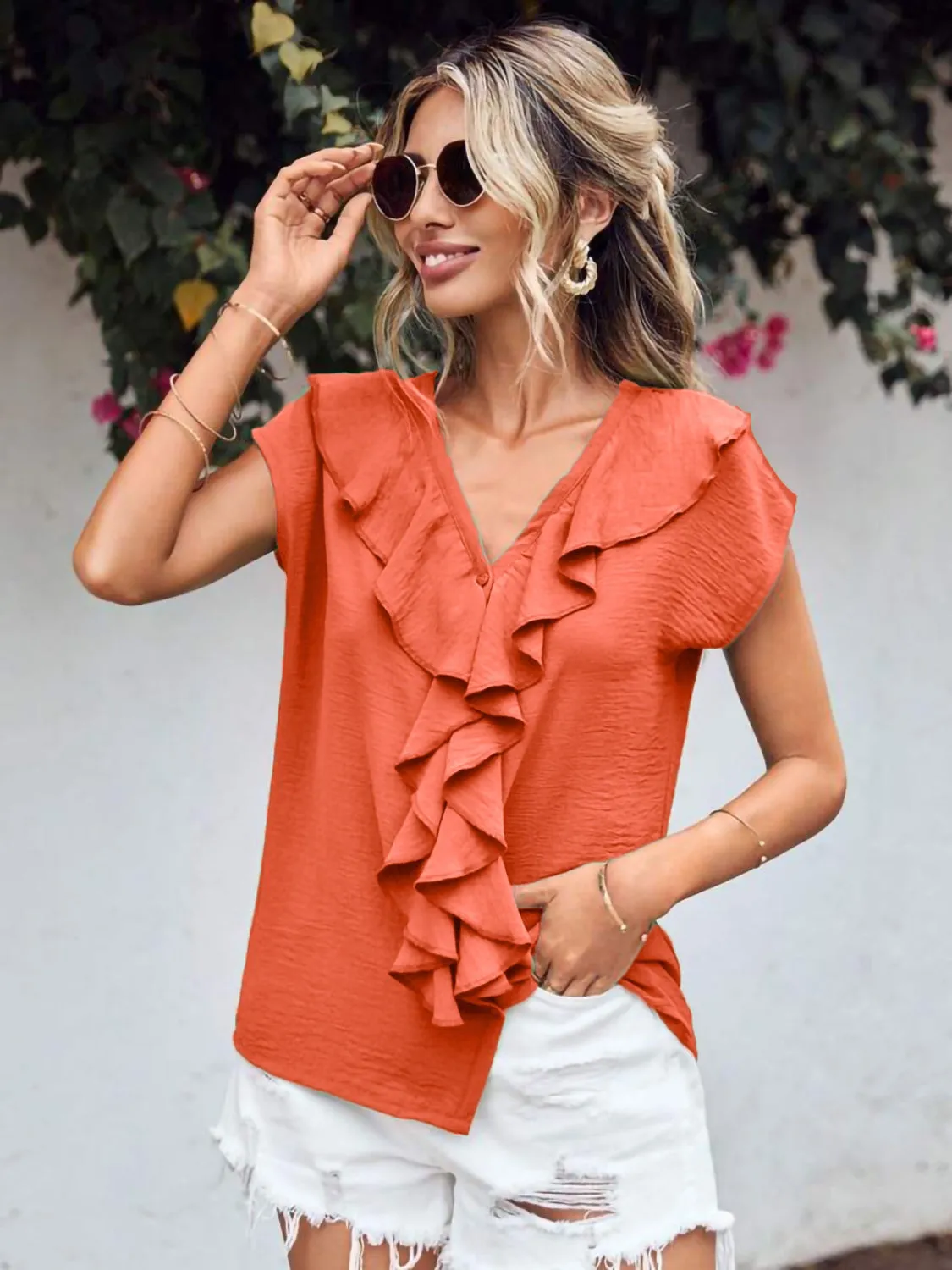 Ruffled V-Neck Short Sleeve Blouse (2 Colors)