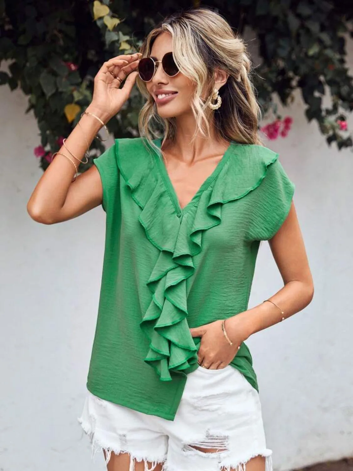 Ruffled V-Neck Short Sleeve Blouse (2 Colors)