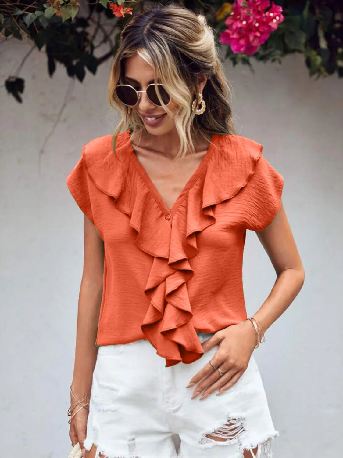 Ruffled V-Neck Short Sleeve Blouse (2 Colors)