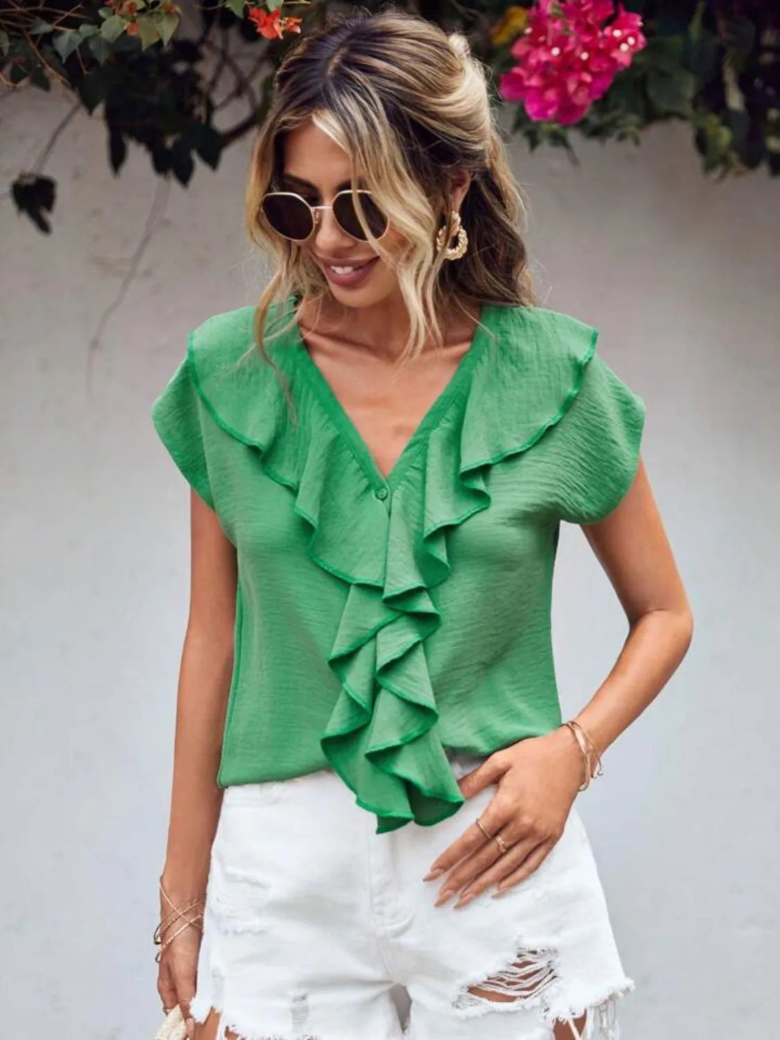 Ruffled V-Neck Short Sleeve Blouse (2 Colors)