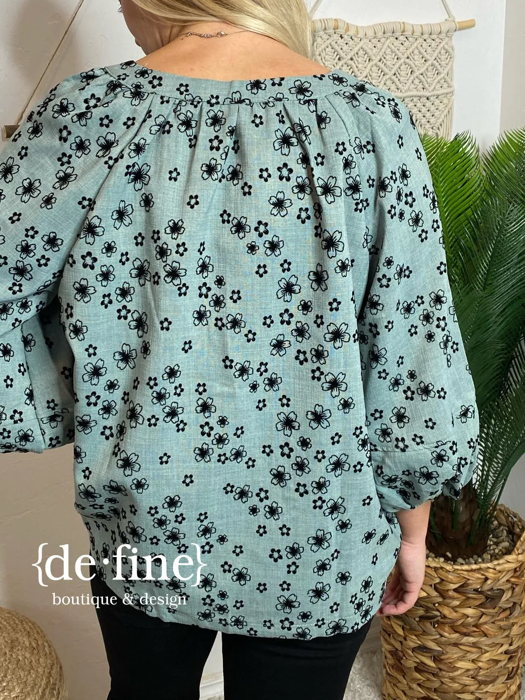 Sage Button Up Top with Black Flowers in Regular & Curvy