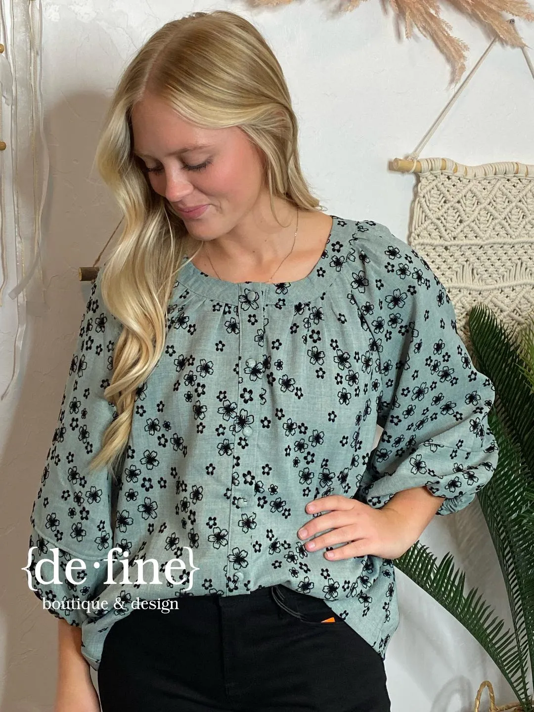 Sage Button Up Top with Black Flowers in Regular & Curvy