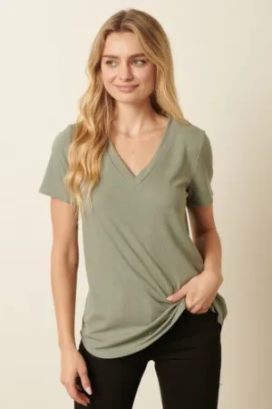 Seagrass Rib Knit V Neck Tee