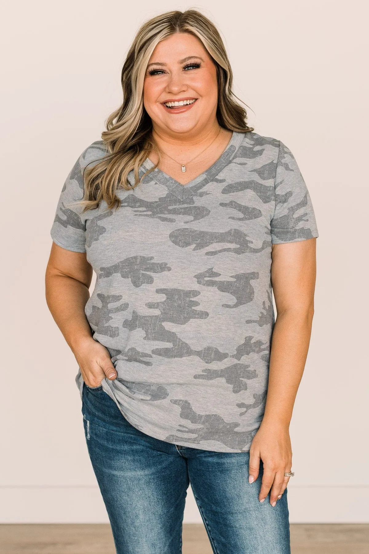 See The Big Picture V-Neck Top- Light Camo
