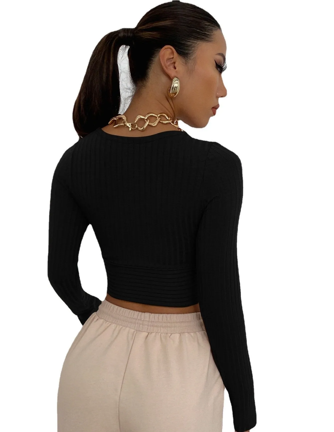 Sexy Deep V Neck Long Sleeves  Women Short Tops
