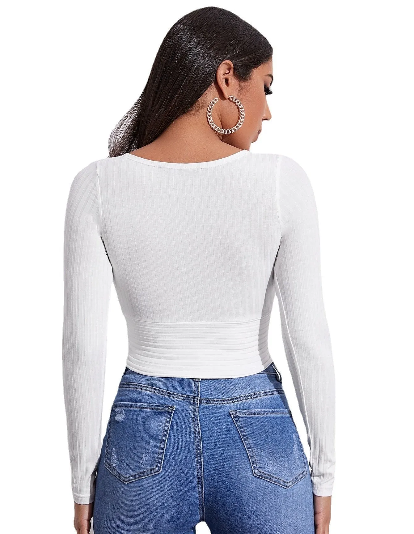 Sexy Deep V Neck Long Sleeves  Women Short Tops