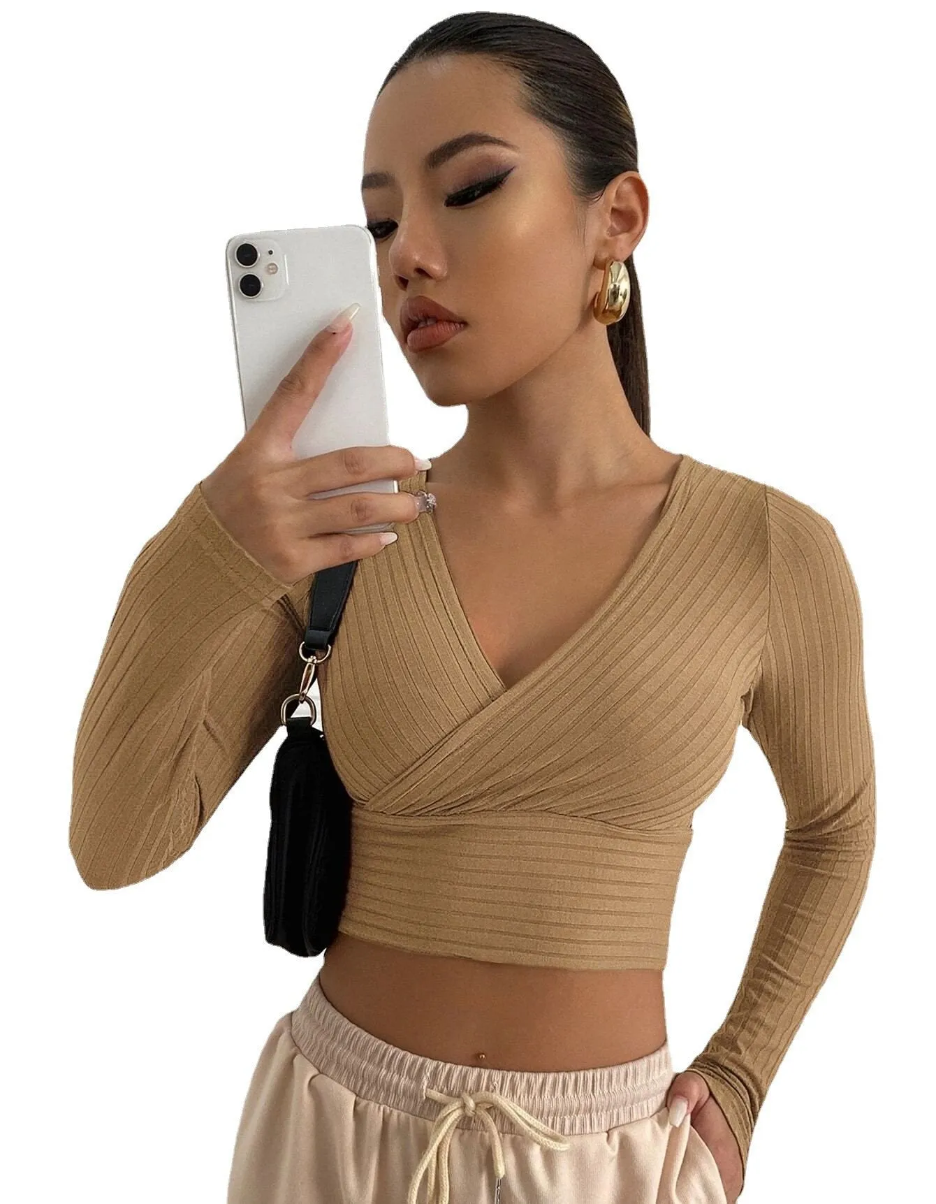 Sexy Deep V Neck Long Sleeves  Women Short Tops