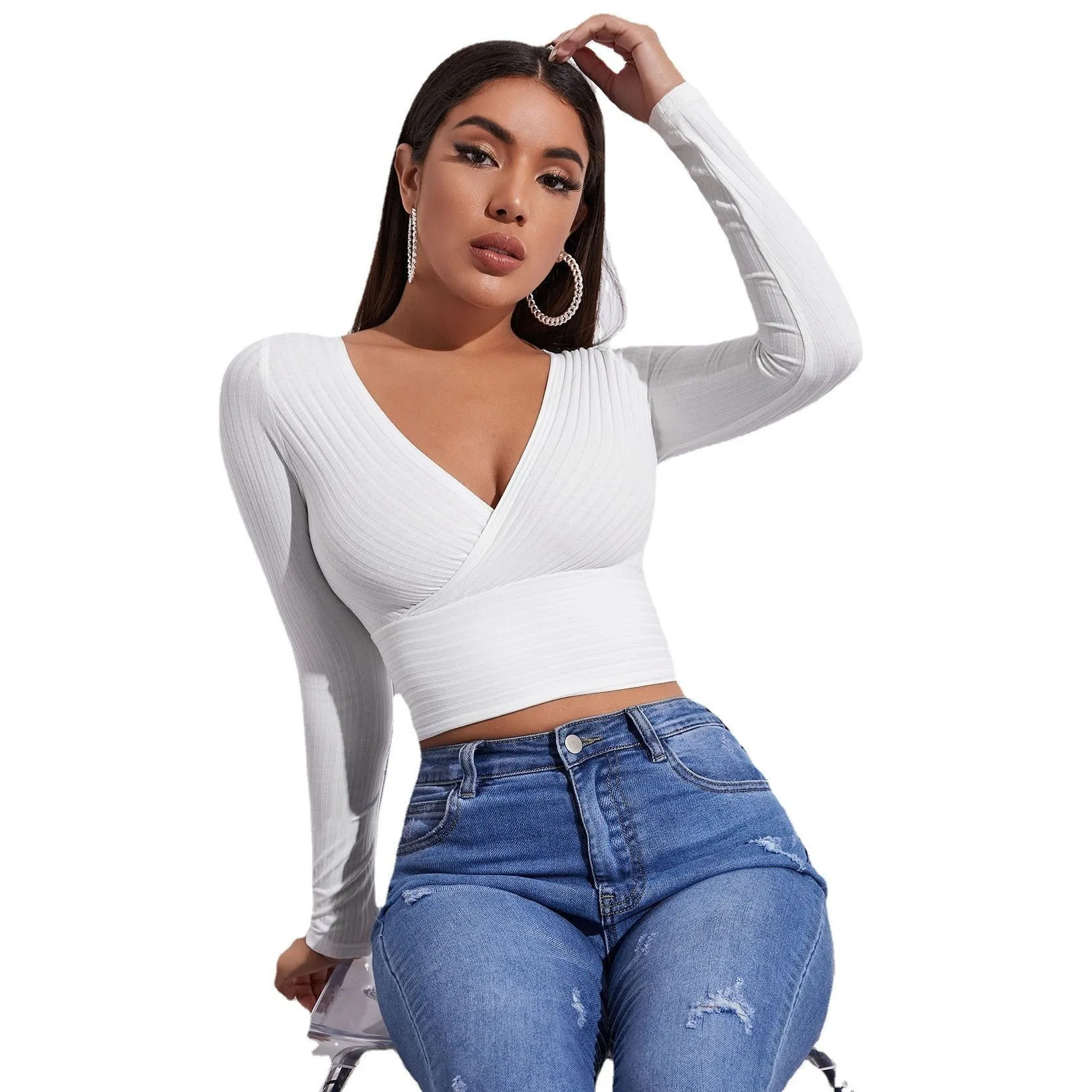 Sexy Deep V Neck Long Sleeves  Women Short Tops