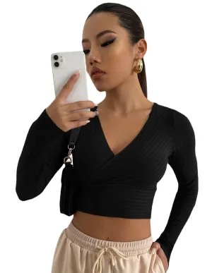 Sexy Deep V Neck Long Sleeves  Women Short Tops