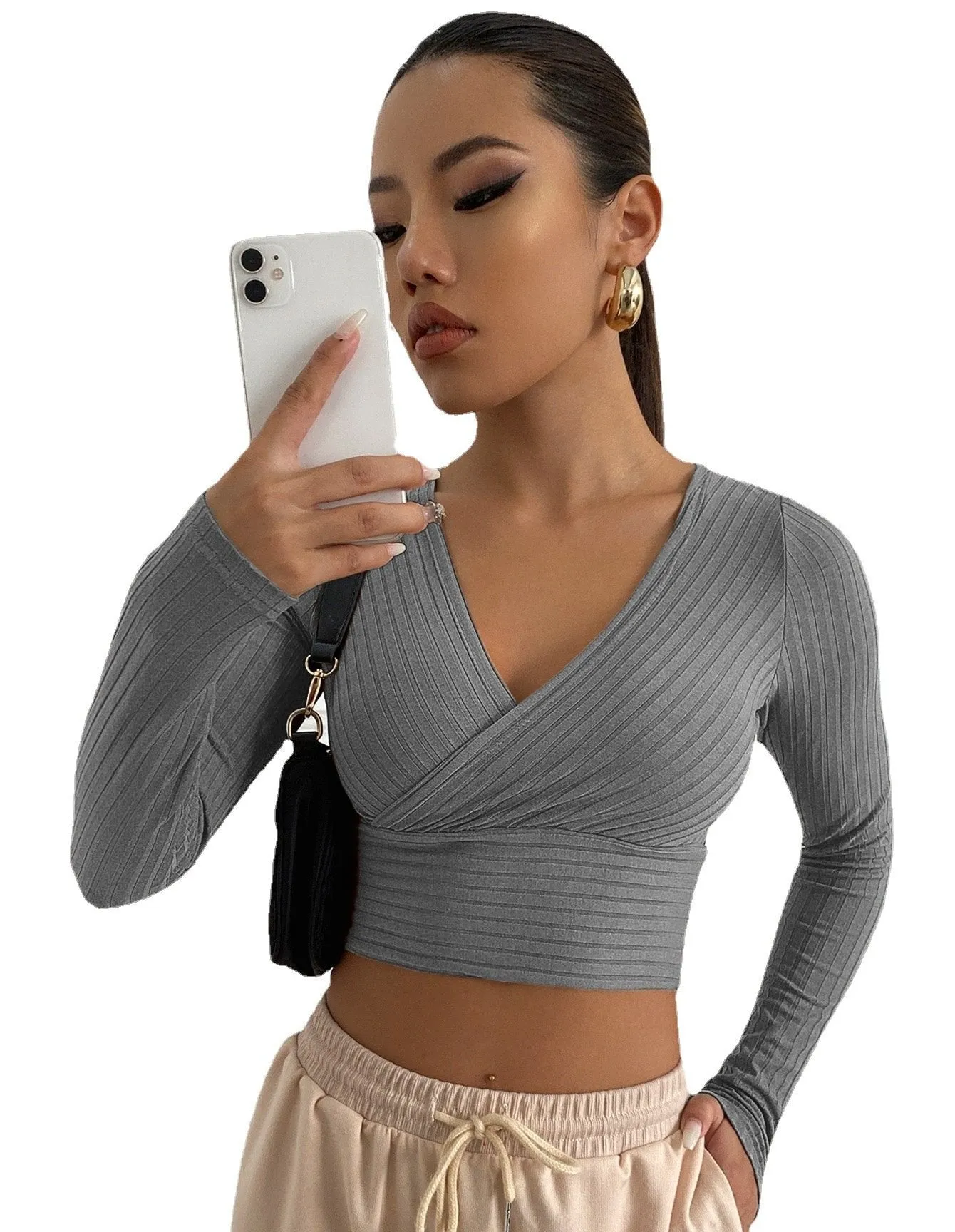 Sexy Deep V Neck Long Sleeves  Women Short Tops